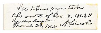 LINCOLN, ABRAHAM. Clipped portion of Autograph Endorsement dated and Signed, A. Lincoln, as President: